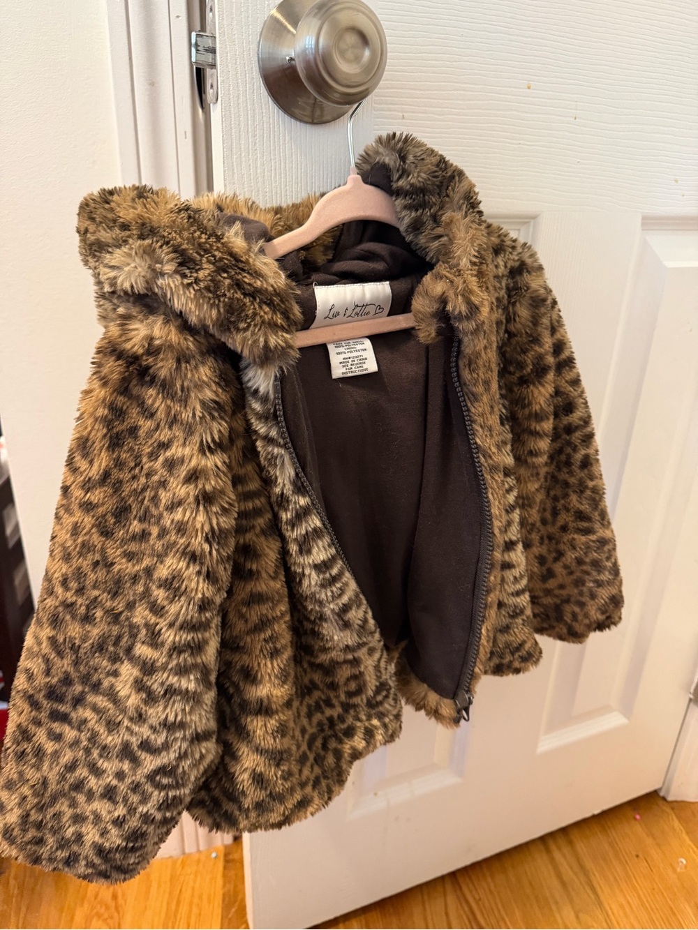 Le Top Girls Leopard Faux Fur Hooded Puffer Jacket - Brown